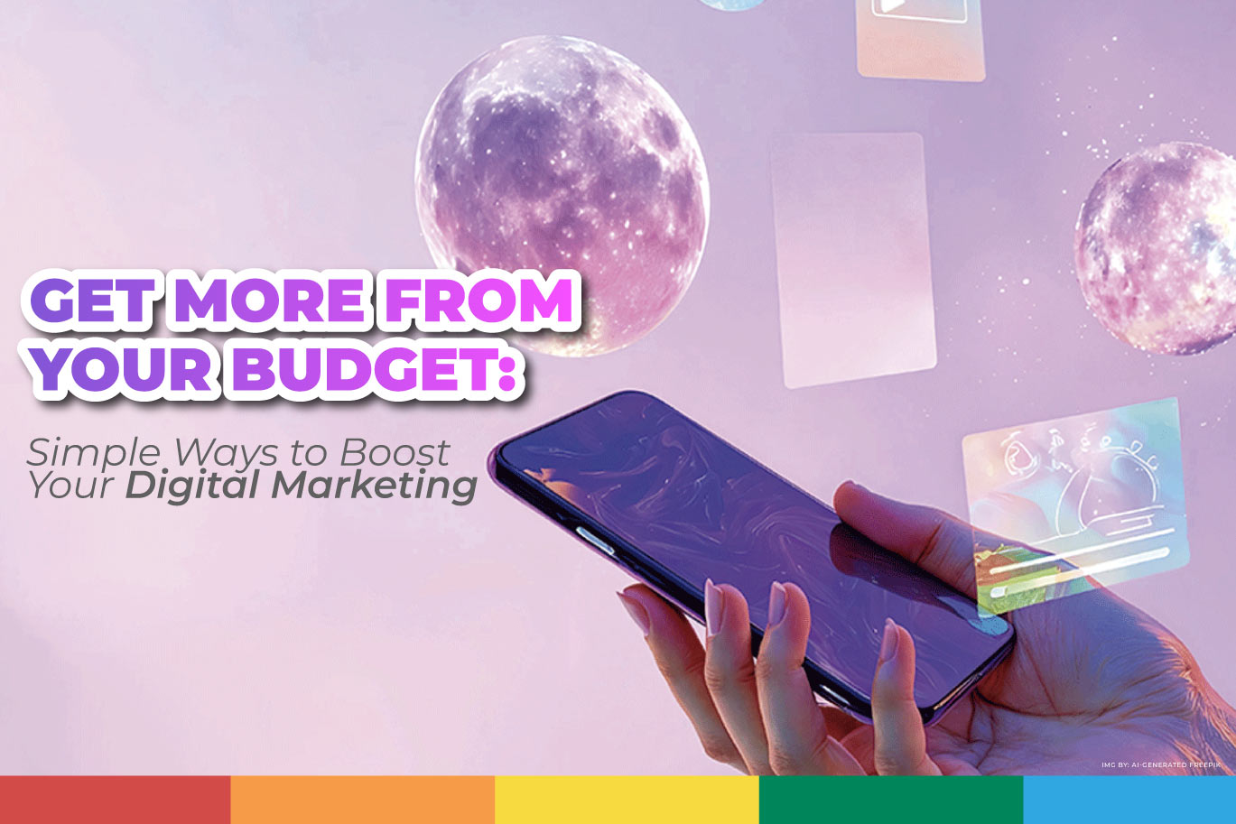 Person holding a smartphone with floating digital graphics and glowing orbs, symbolizing creative and budget-friendly digital marketing strategies.