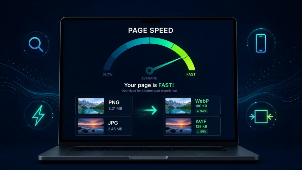 Laptop showing page speed improvements and image conversion to WebP/AVIF for SEO