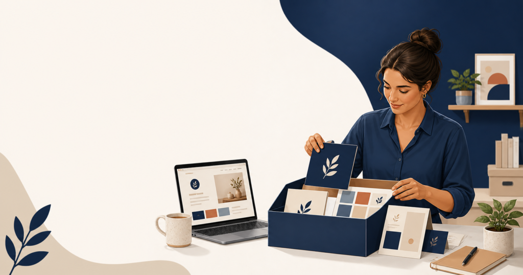 Small business owner organizing a professional brand kit on a limited budget