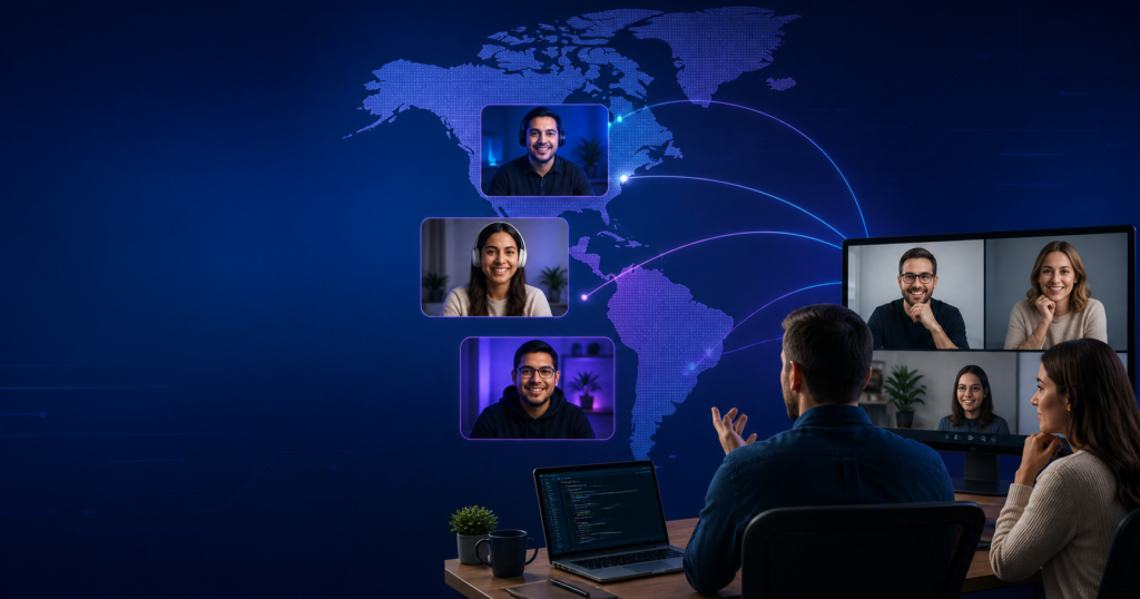 North American product leaders collaborating online with a LATAM nearshore software development team
