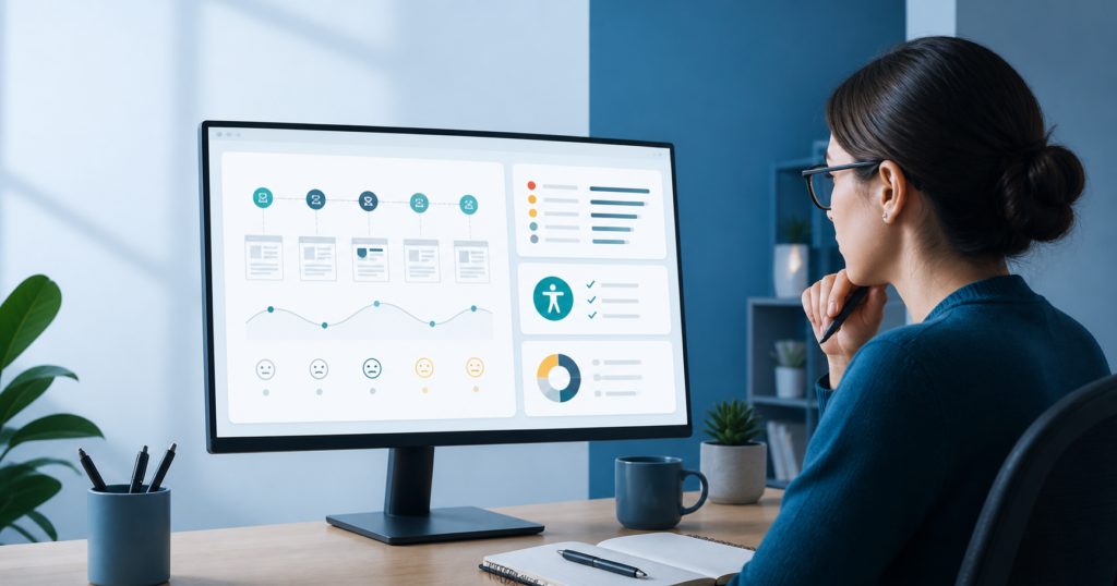 UX specialist reviewing a website usability audit with journey maps and prioritized findings.